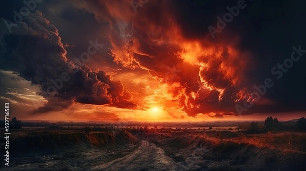 Obraz Abstract dark red background. Dramatic red sky. Red sunset with clouds. Fantastic sunset background with copy space for design. Halloween, armageddon, apocalypse, end of the world concept