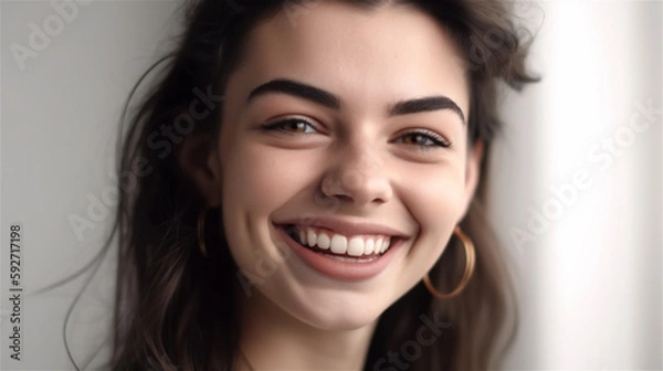 Fototapeta portrait of young woman with dark hair laughing showing teeth happy in front of white background, generative ai, illustration