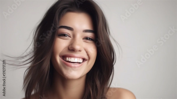 Fototapeta portrait of young woman with dark hair laughing showing teeth happy in front of white background, generative ai, illustration