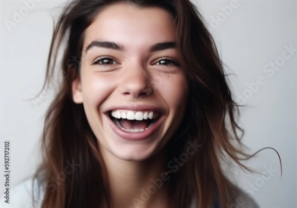 Fototapeta portrait of young woman with dark hair laughing showing teeth happy in front of white background, generative ai, illustration