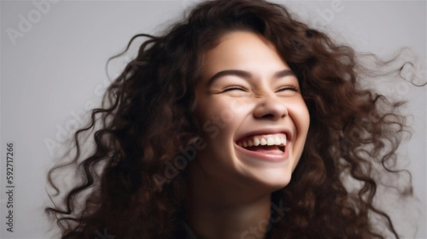 Fototapeta portrait of young woman with dark curly hair laughing showing teeth happy in front of white background, generative ai, illustration