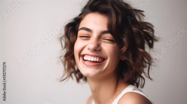 Fototapeta portrait of young woman with dark curly hair laughing showing teeth happy in front of white background, generative ai, illustration