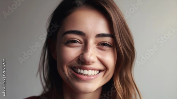 Fototapeta portrait of young woman with dark hair laughing showing teeth happy in front of white background, generative ai, illustration