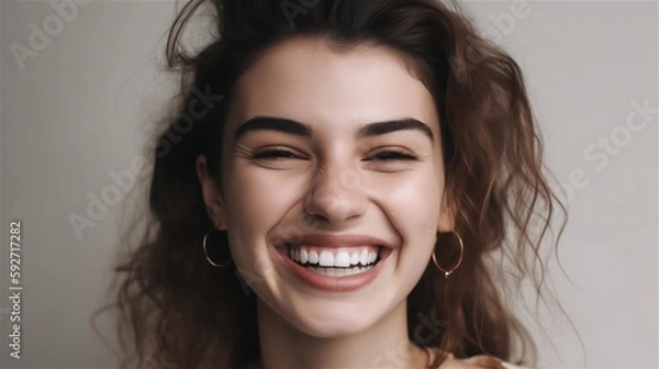 Fototapeta portrait of young woman with dark curly hair laughing showing teeth happy in front of white background, generative ai, illustration