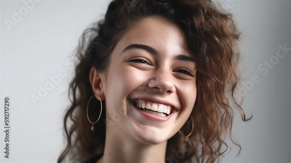 Fototapeta portrait of young woman with dark curly hair laughing showing teeth happy in front of white background, generative ai, illustration
