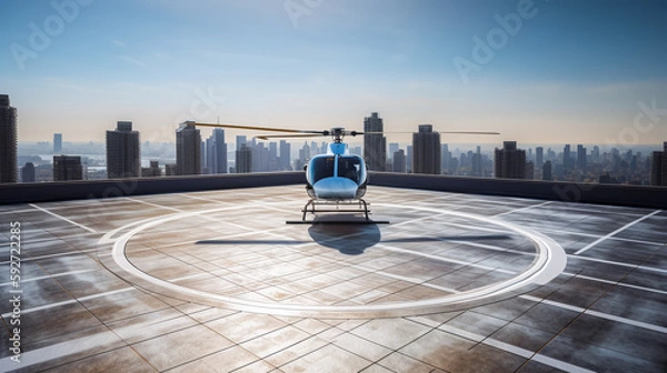 Obraz  Helicopter lands on roof of skyscraper. Helicopter site in sun's sunset. Blue glass skyscrapers with reflection of sun. City landscape of modern metropolis. Generative AI.
