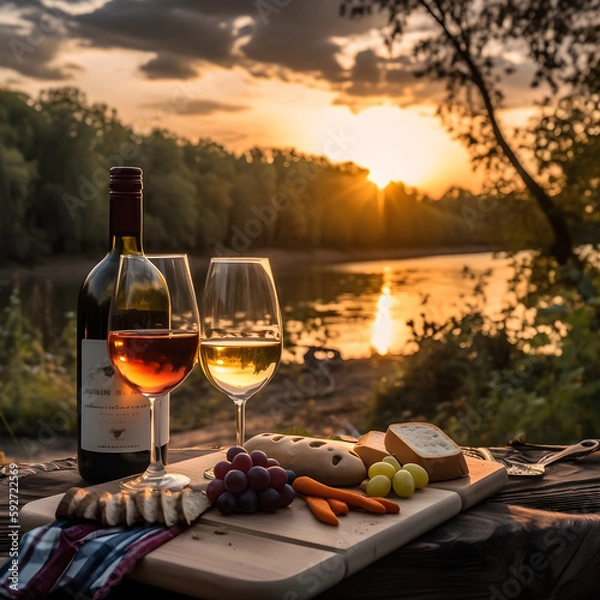 Obraz Two glasses of red wine on the river banks. Illustration. Ai generation.