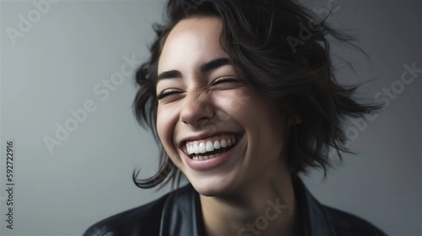 Fototapeta portrait of young woman with dark hair laughing showing teeth happy in front of background, generative ai, illustration