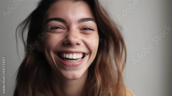 Fototapeta portrait of young woman with dark hair laughing showing teeth happy in front of background, generative ai, illustration