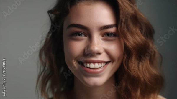 Fototapeta portrait of young woman with dark hair laughing showing teeth happy in front of background, generative ai, illustration
