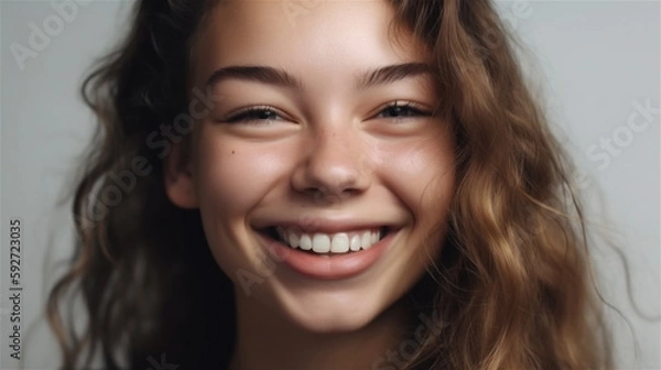 Fototapeta portrait of young woman with dark hair laughing showing teeth happy in front of background, generative ai, illustration