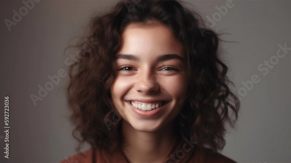 Fototapeta portrait of young woman with dark curly hair laughing showing teeth happy in front of background, generative ai, illustration