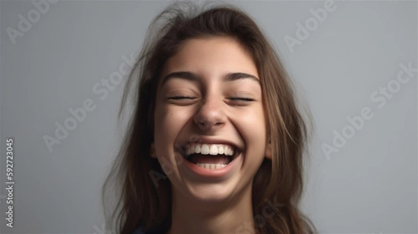 Fototapeta portrait of young woman with dark hair laughing showing teeth happy in front of background, generative ai, illustration