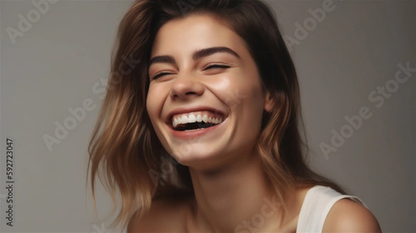 Fototapeta portrait of young woman with dark hair laughing showing teeth happy in front of background, generative ai, illustration
