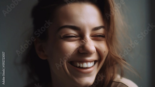 Fototapeta portrait of young woman with dark hair laughing showing teeth happy in front of background, generative ai, illustration