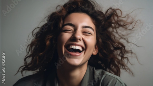 Fototapeta portrait of young woman with dark curly hair laughing showing teeth happy in front of background, generative ai, illustration