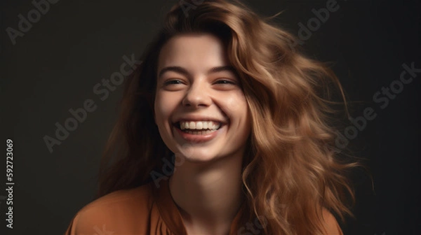 Fototapeta portrait of young woman with blonde hair laughing showing teeth happy in front of background, generative ai, illustration