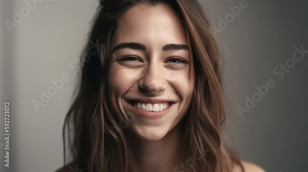 Fototapeta portrait of young woman with dark hair laughing showing teeth happy in front of background, generative ai, illustration