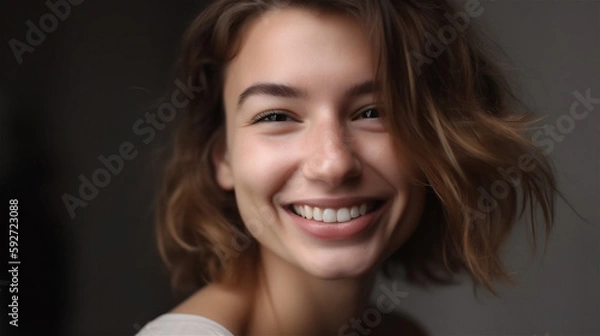 Fototapeta portrait of young woman with dark hair laughing showing teeth happy in front of background, generative ai, illustration