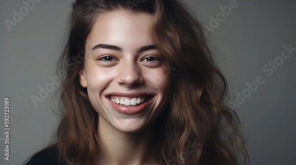 Fototapeta portrait of young woman with dark hair laughing showing teeth happy in front of white background, generative ai, illustration