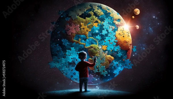 Fototapeta World Autism Awareness Day. A little boy stands in front of a globe and sees the world in his own way. The concept of child autism. Generative AI