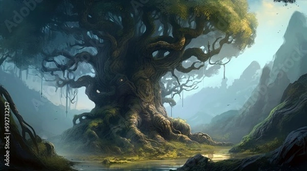 Fototapeta Fantasy concept digital art. A colossal tree inhabited by various mythical creatures. Generative ai.