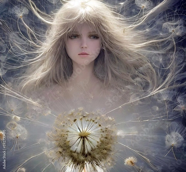Fototapeta Beautiful little girl with dandelions. Flying dandelions intertwine in loose hair. Fairytale girl in a delicate white dress. Generative, AI, Generative AI