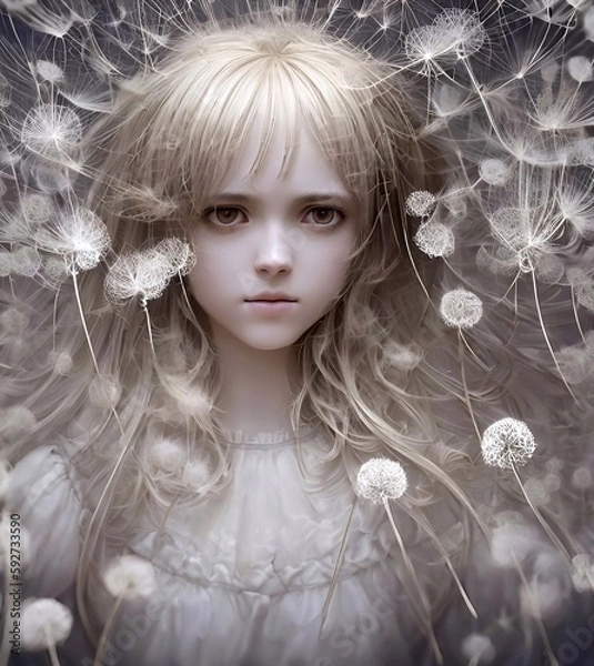 Fototapeta Beautiful little girl with dandelions. Flying dandelions intertwine in loose hair. Fairytale girl in a delicate white dress. Generative, AI, Generative AI