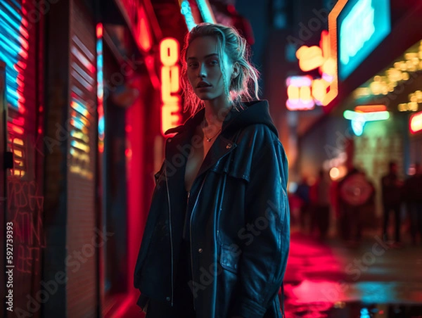 Fototapeta Teenage girl stands in front of a neon illuminated street at night, her face lit up by the vibrant colors of the city, AI generative
