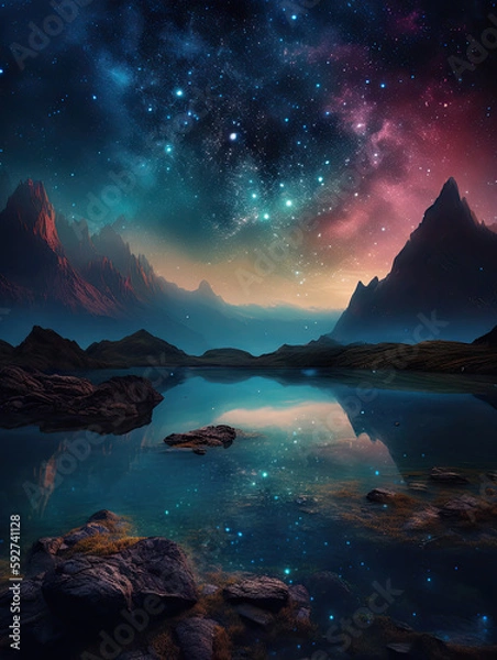 Fototapeta Starry Nightfall: Digital Illustration of a Celestial Landscape at Dusk
