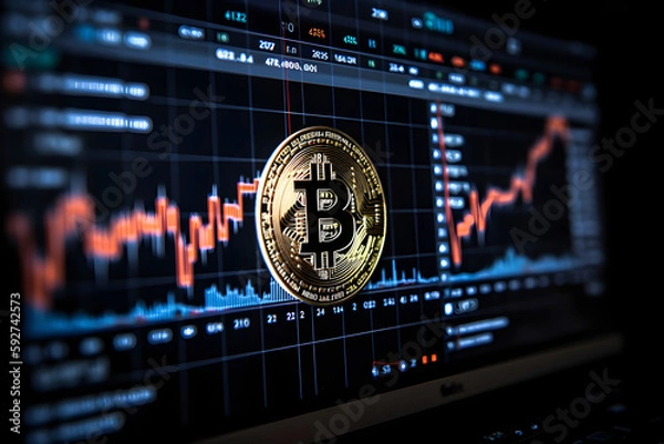 Fototapeta Bitcoin cryptocurrency, financial market analysis charts, blockchain cyber protection and digital security, generative ai