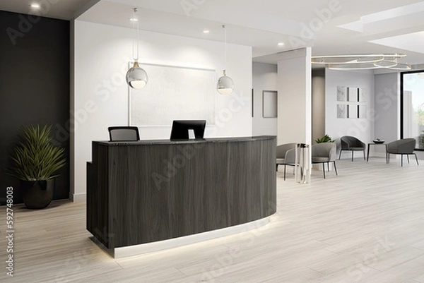 Fototapeta professional reception area with a sleek desk, modern seating, and a welcoming ambiance, creating a positive first impression for visitors and clients - Generative AI