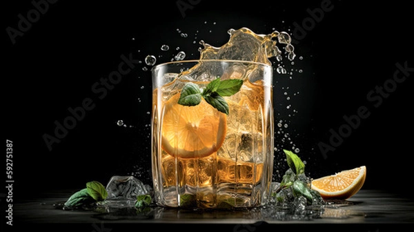 Fototapeta A glass of iced tea with lemon slices and mint leaves, ice cubes are splashing out of the glass and black background - generative AI