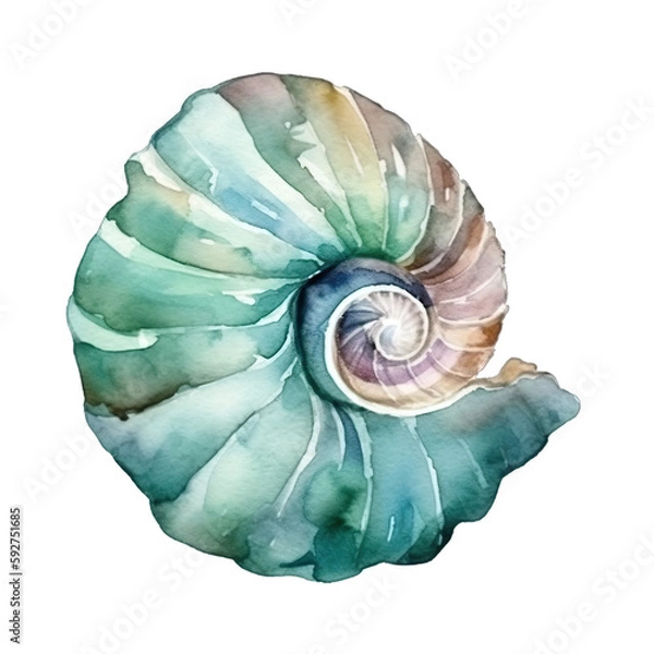 Fototapeta Blue watercolor seashell illustration isolated on transparent background, underwater animals ocean collection. Generative AI