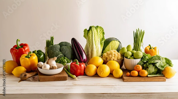Fototapeta Healthy food with vegetables and fruits on a table with clean background - generative AI