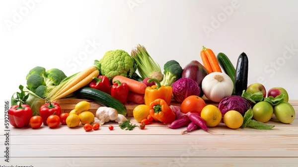 Fototapeta Healthy food with vegetables and fruits on a table with white background - generative AI