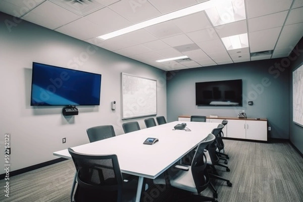 Fototapeta High-tech meeting room with video conferencing capabilities, interactive whiteboards, ergonomic chairs, and advanced audio-visual equipment - Generative AI