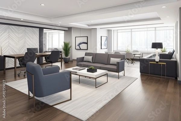 Fototapeta leek and sophisticated CEO suite with a private office, a dedicated meeting area,cozy lounge, and exclusive amenities, exemplifying leadership and executive presence corporate setting - Generative AI