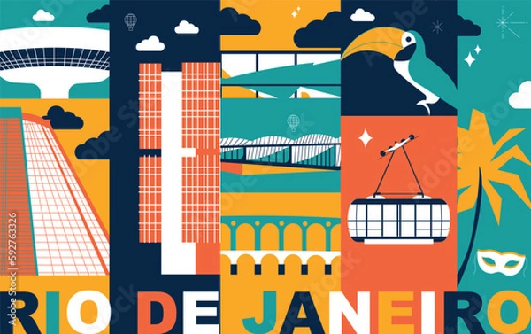 Obraz Typography word "Rio De Janeiro" branding technology concept. Collection of flat vector web icons, culture travel set, famous architectures, specialties detailed silhouette. Brazilian famous landmark.