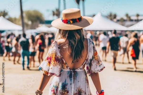 Fototapeta vibrant and bohemian-inspired Coachella festival outfit view from the back, featuring a flowy maxi dress, fringe accessories, a wide-brimmed hat, music festival - Generative AI