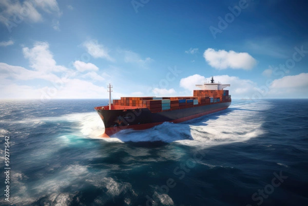 Fototapeta cargo ship carrying a container for importing export goods to a client, conceptual logistics and supply chain. Generative AI