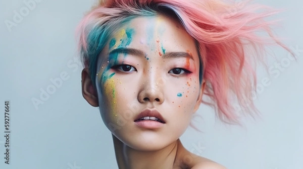 Fototapeta Beautiful and Modern Asian Women with Colorful and Pastel Hair made with Generative AI. 