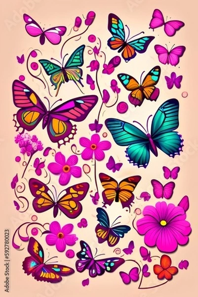 Fototapeta Butterflies and Flowers vector illustration - generative ai
