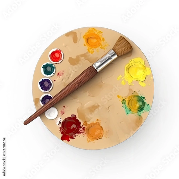 Fototapeta Wooden art palette with paint and a brush on white background