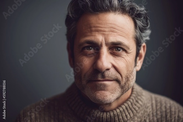 Fototapeta Portrait of a mature man in a sweater on a dark background