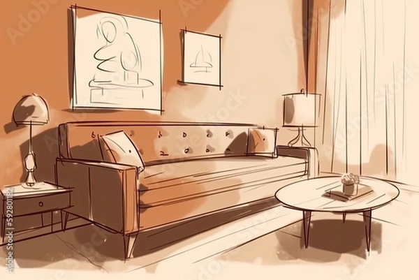 Fototapeta cozy living room with a comfortable couch and a stylish coffee table. Generative AI