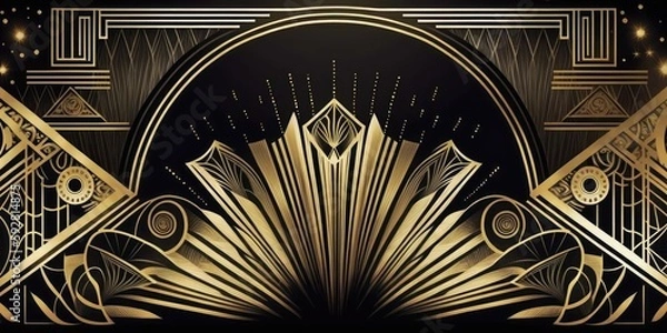 Fototapeta Abstract art deco. Great Gatsby 1920s geometric architecture background. Retro vintage black, gold, and silver roaring 20s texture.	