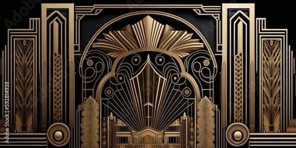 Obraz Abstract art deco. Great Gatsby 1920s geometric architecture background. Retro vintage black, gold, and silver roaring 20s texture.	