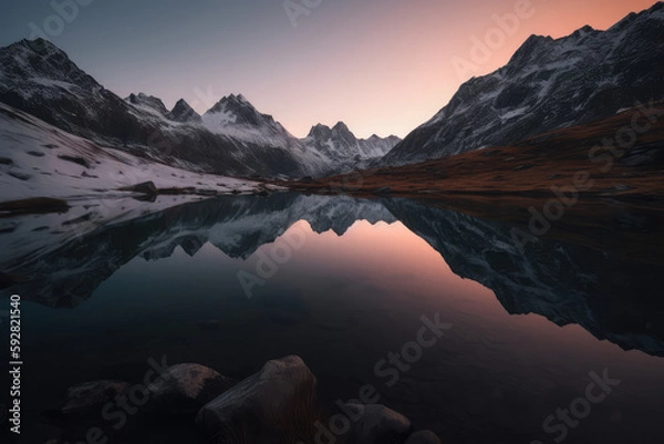 Fototapeta sunrise over the mountains and lake - made with generative ai