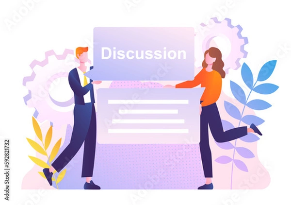 Fototapeta Press release concept. Man and woman standing next to speech bubbles. Communication and interaction between business and customers. Advertising and announcement. Cartoon flat vector illustration